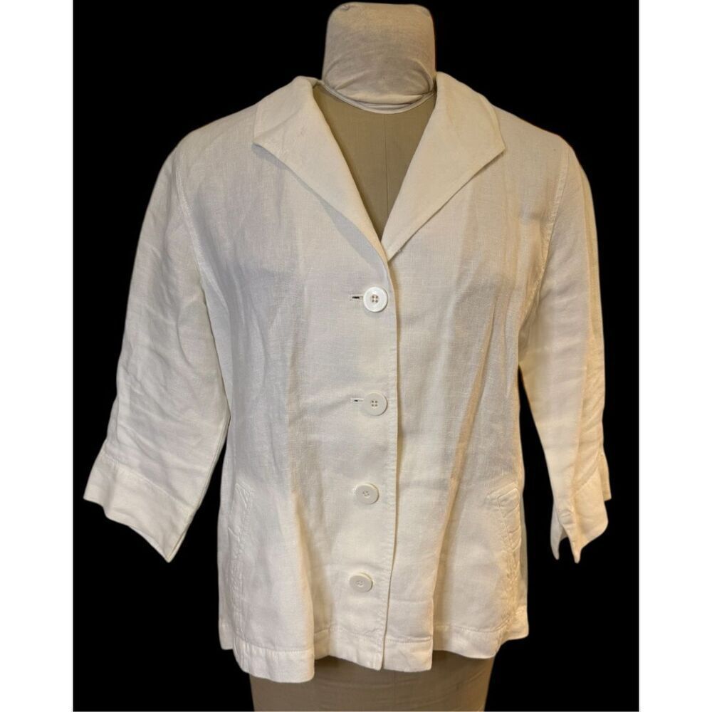 Eileen Fisher Linen 4-Button Jacket/Top 3/4 Sleeves White Sz. L Lightweight - Picture 2 of 12